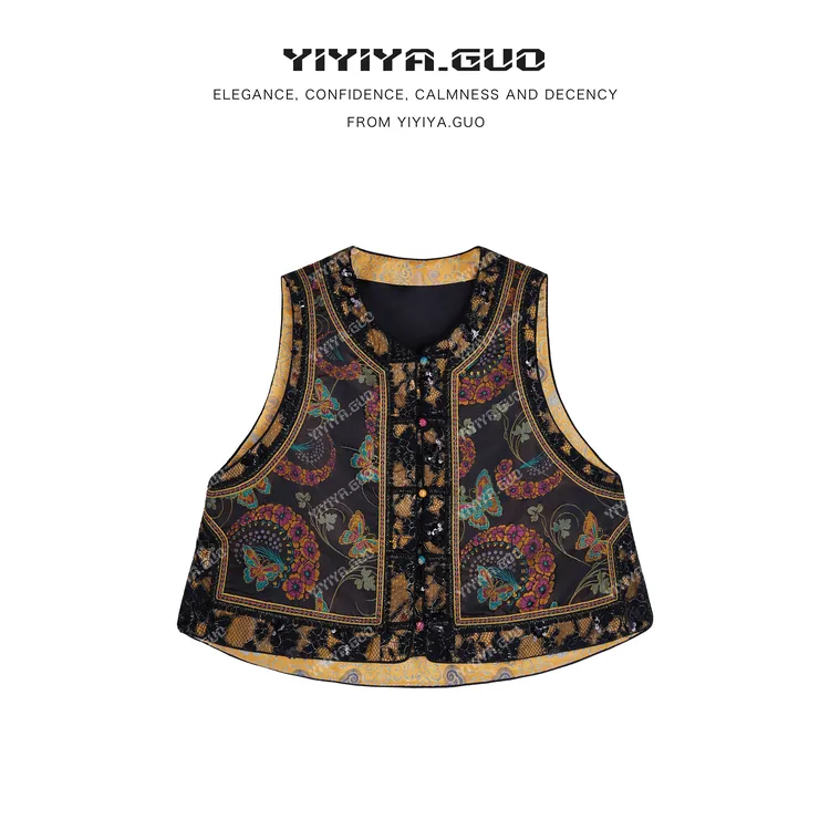 yiyiya.Guo艺艺吖新中式中国风立领盘扣亮片钉珠显瘦马甲2884SS52