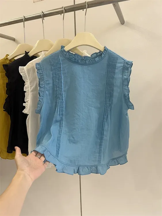 2025夏季新款韩版时尚圆领木耳边无袖衬衫女显瘦百搭休闲宽松上衣