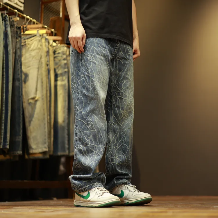 G7360直筒提花无弹潮流百搭宽松秋季新款直筒牛仔裤男装