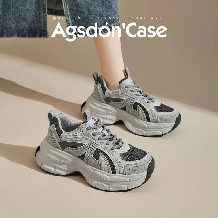 奥古狮登灰色加绒老爹鞋女2025秋冬新款复古厚底休闲鞋增高运动A