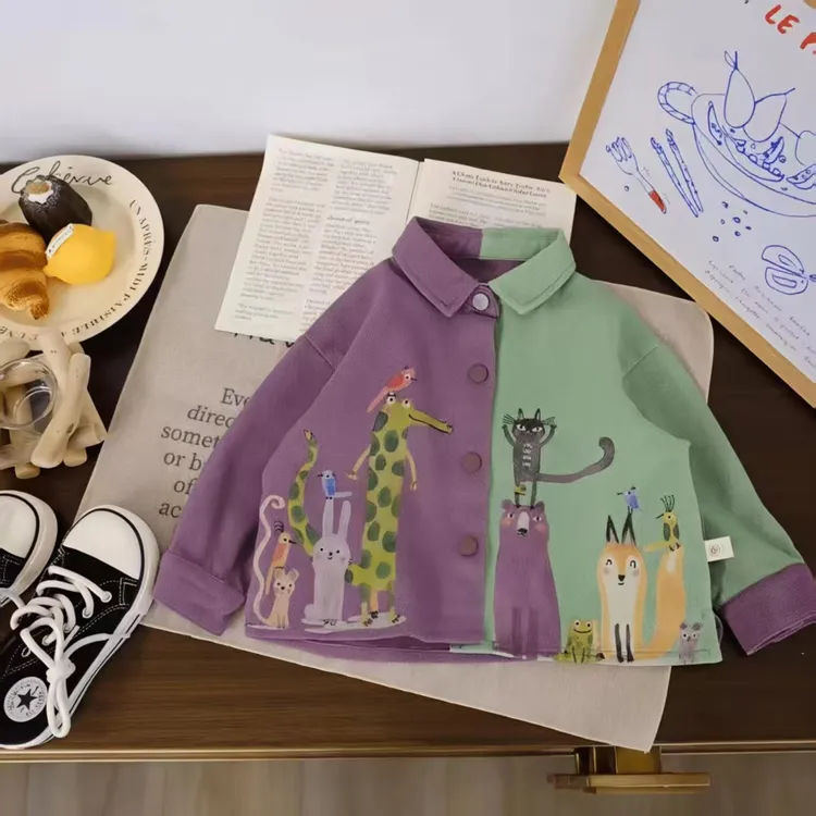 2025衬衫卡通动漫休闲印花方领春秋时尚拼色小动物韩版男童潮服