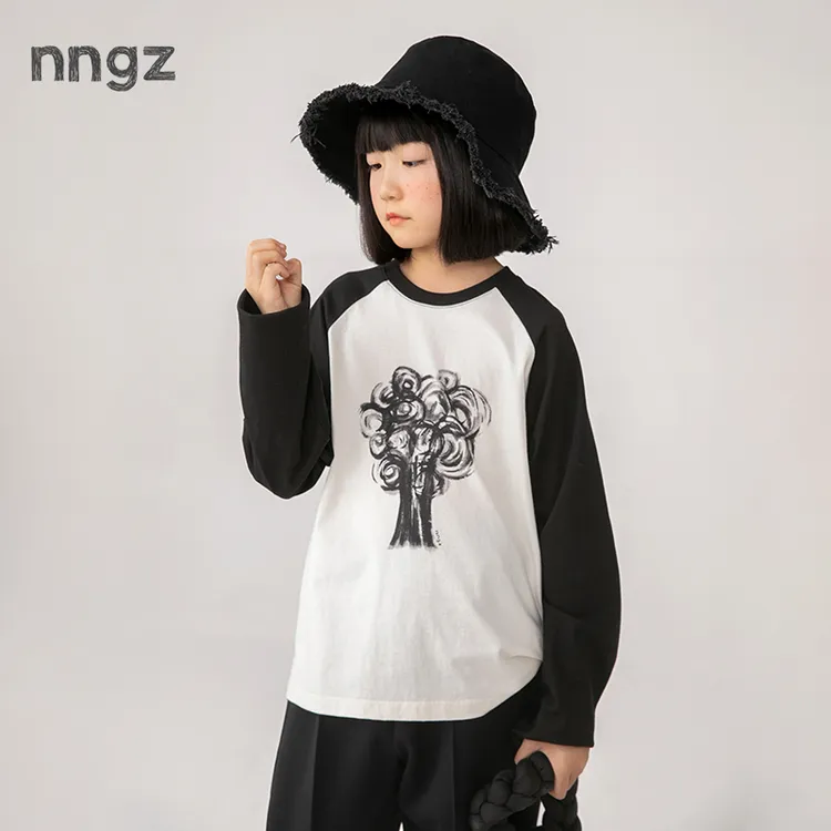 NNGZ植物印花女童纯棉t恤秋柔软透气儿童打底衫洋气上衣长袖