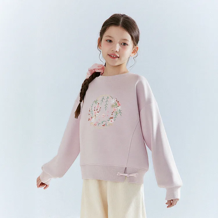 笛莎童装女童套头卫衣春秋新款中大童国风刺绣圆领卫衣-9M2532201