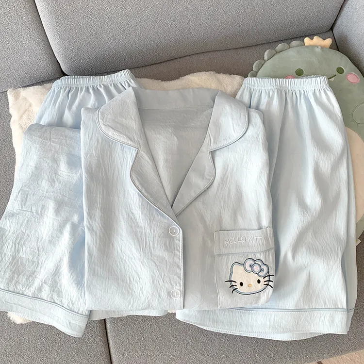 甜美奶fufu小清新卡通可爱睡衣女夏季短袖短裤三件套装薄款家居服