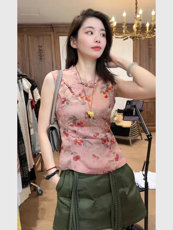 唐装女装中国风粉色印花无袖衬衫女夏复古气质高端新中式盘扣上衣