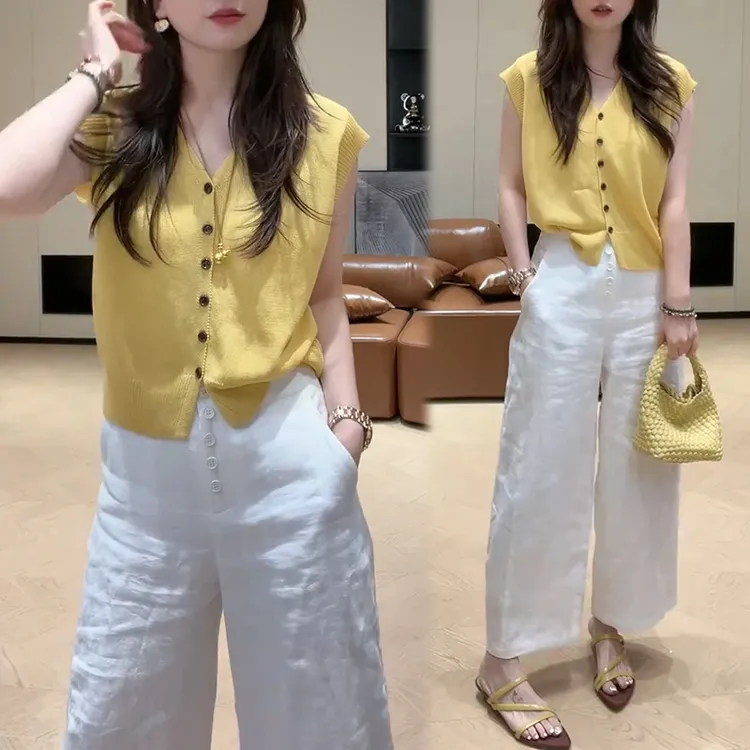 韩系V领无袖针织背心休闲阔腿裤两件套装女夏季新款减龄时尚套装