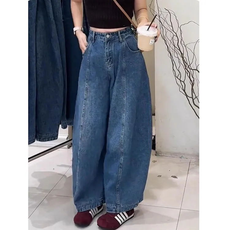 小个子蓝色牛仔裤女士2025年秋季新款裤子时尚高腰爆款宽松阔腿裤