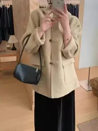 珩绣轻职风宽松人字纹女装秋冬毛呢外套秋冬直筒型A12663