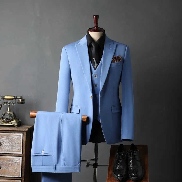 高贵礼服一粒扣婚礼结婚男主持新郎伴郎修身戗驳领纯色西装三件套