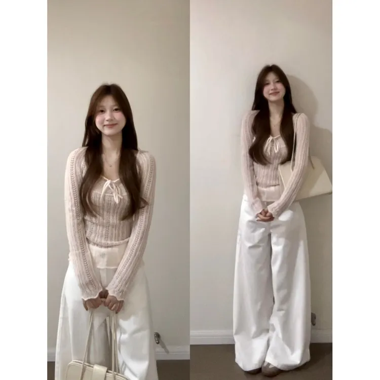 韩系粉色设计感系带镂空长袖针织衫女秋季小个子独特漂亮打底上衣