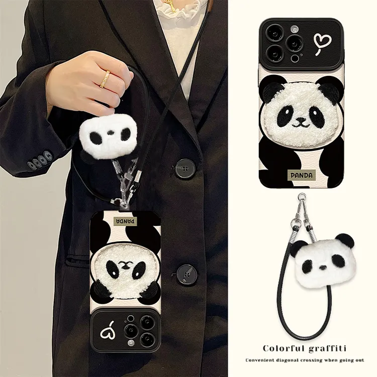 熊猫公仔适用苹果17华为VIVO/OPPO小米iPhone视窗贴皮斜跨手机壳