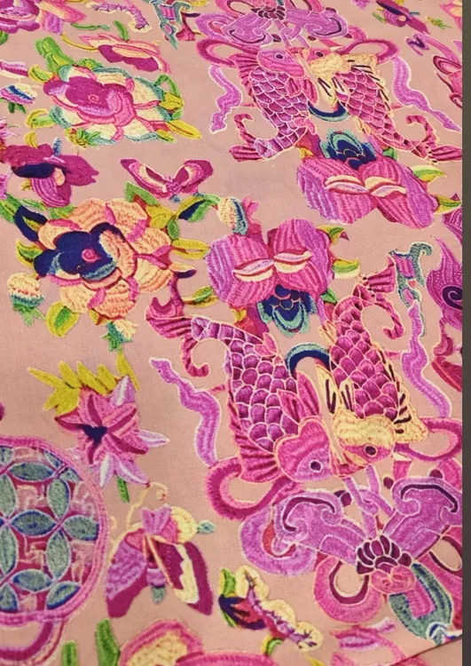 100%棉绸！锦鲤戏莲红色！国风款！服装面料布料【两米包邮】棉绸布