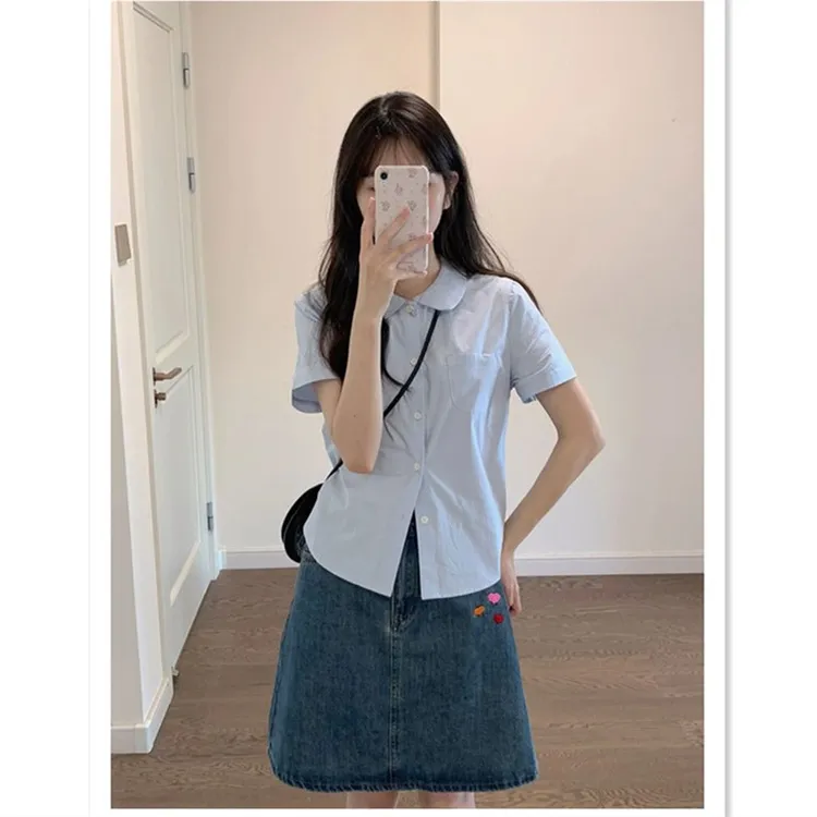 法式正肩短袖蓝色衬衫女夏季2025年新款衬衣修身小个子娃娃领上衣