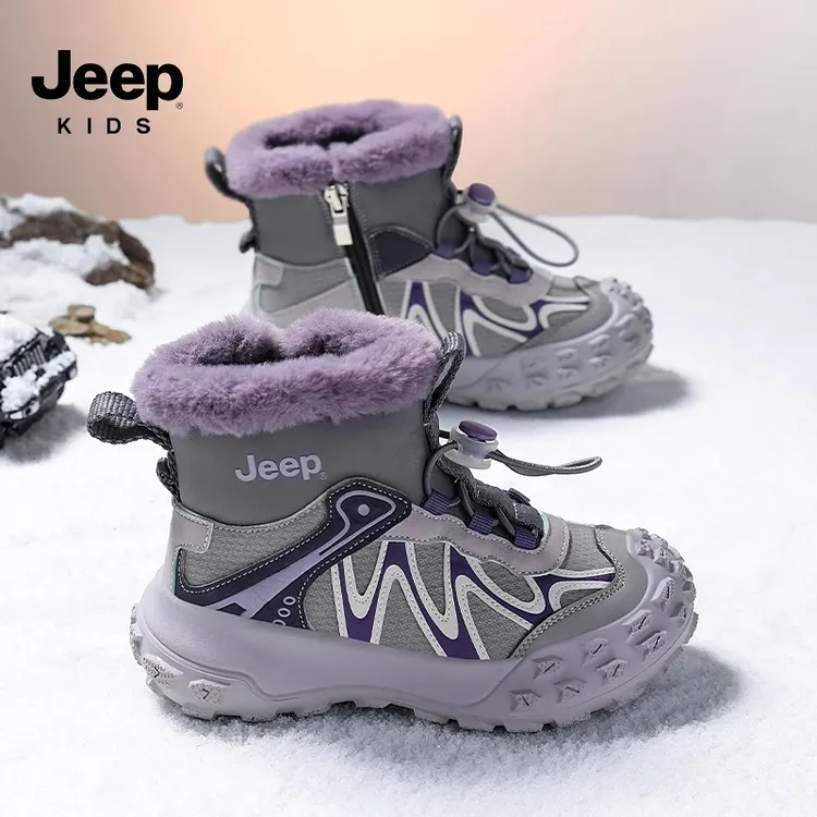 jeep儿童雪地靴2025冬季男女童运动鞋皮面轻跑鞋加绒保暖鞋防水