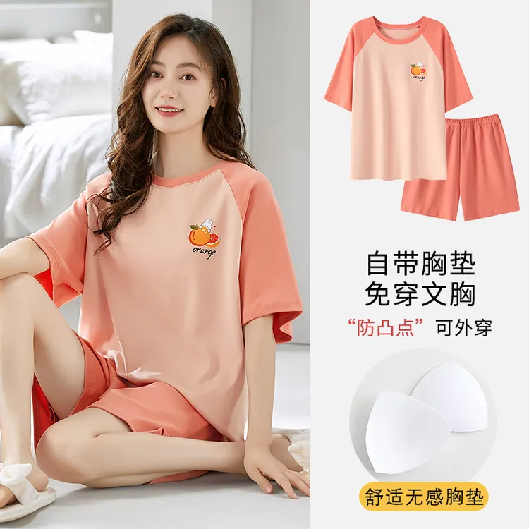 2025年短袖睡衣女夏季薄款带胸垫卡通少女学生圆领夏天家居服直播