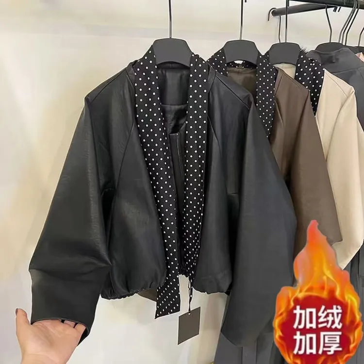 韩系感蝙蝠袖皮衣外套2025休闲气质夹克配丝巾上衣