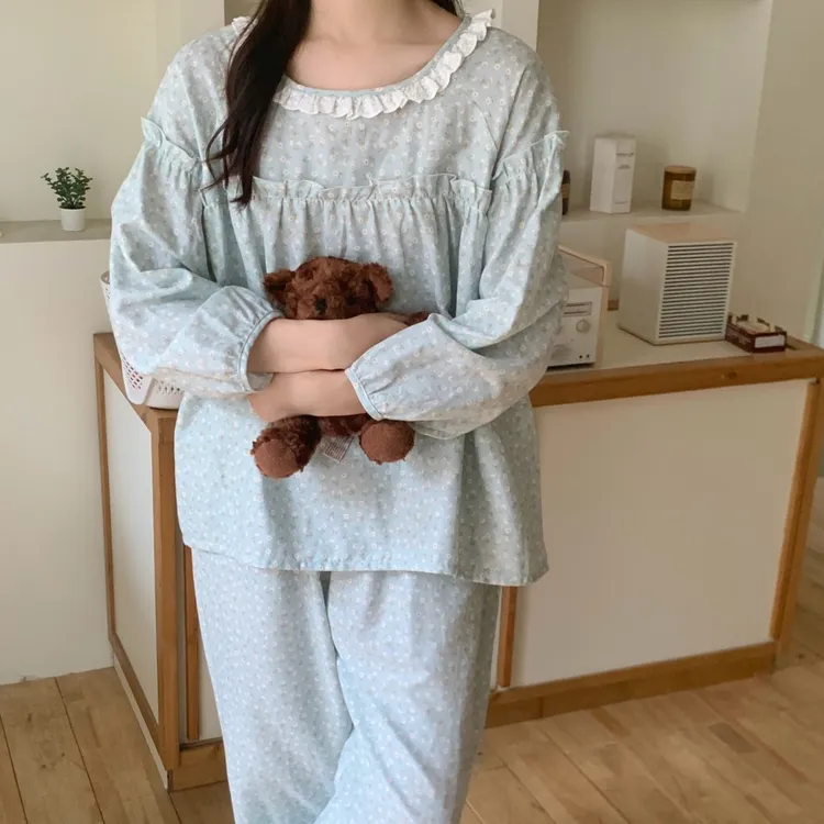 双层纯棉纱布睡衣女款秋季圆领花边长袖束脚长裤宽松休闲家居服女