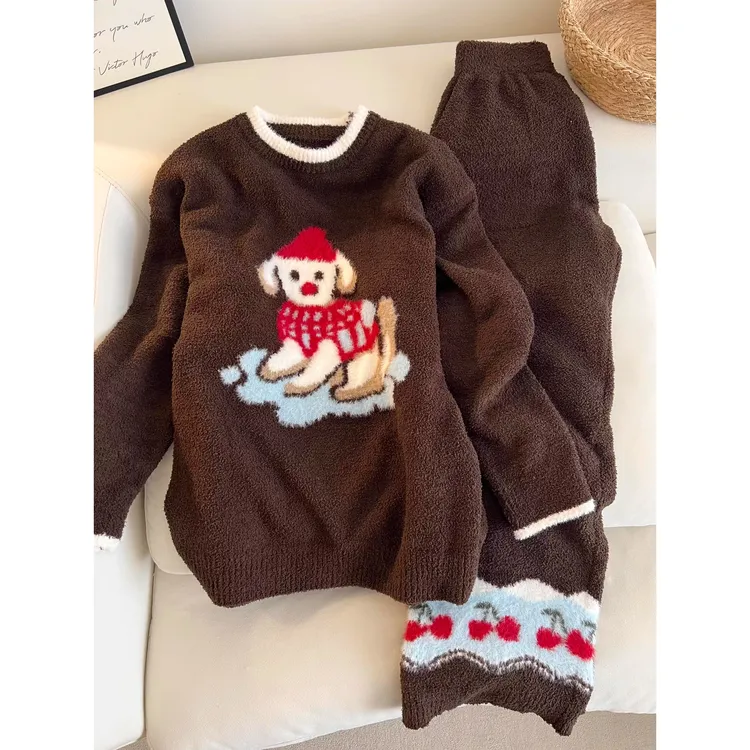 韩版甜美少女圣诞小狗印花半边绒睡衣女秋冬季加厚保暖家居服套装