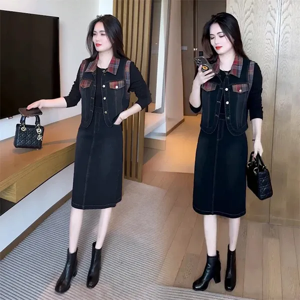 时尚牛仔套装裙女2025秋季新款洋气撞色格子拼接马甲连衣裙两件套