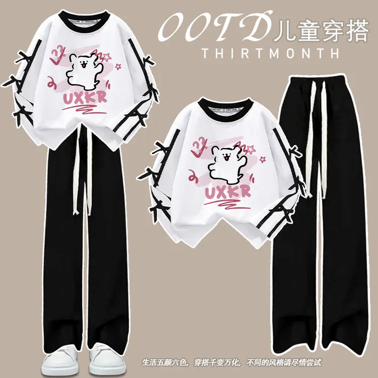 女童秋冬新款蝴蝶结条纹长袖长裤套装可爱线条小狗印花百搭两件套