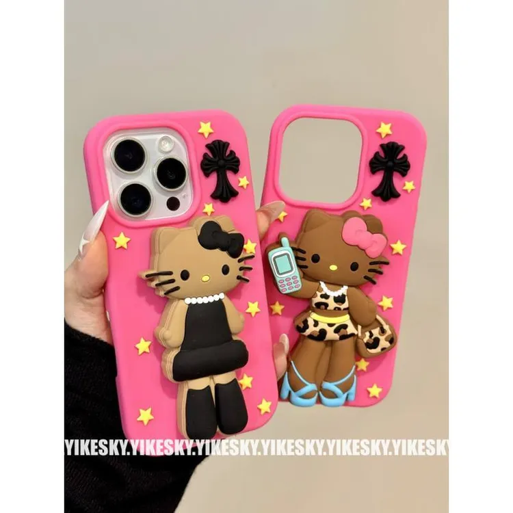 立体复古豹纹KT猫支架iPhone16promax手机壳苹果151413硅胶14pro