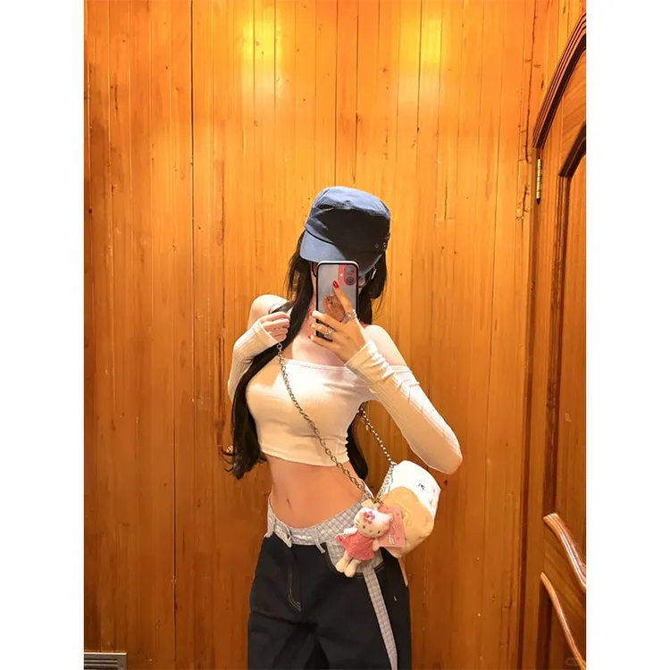 美式辣妹纯欲风性感短款长袖T恤新款宽松设计感拼接条纹休闲裤潮