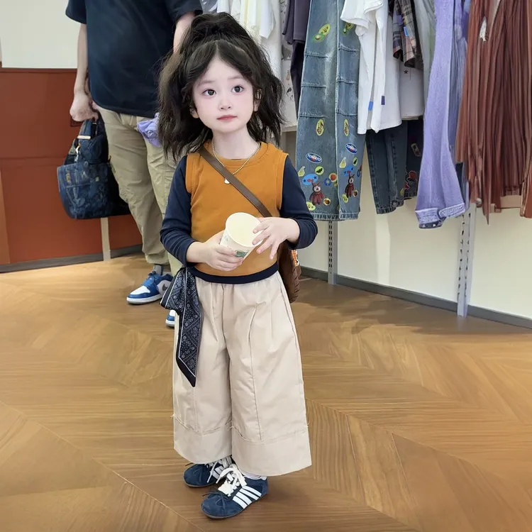 【送丝巾】女童套装秋装2025新款女孩洋气长袖打底衫叠穿时髦阔腿裤