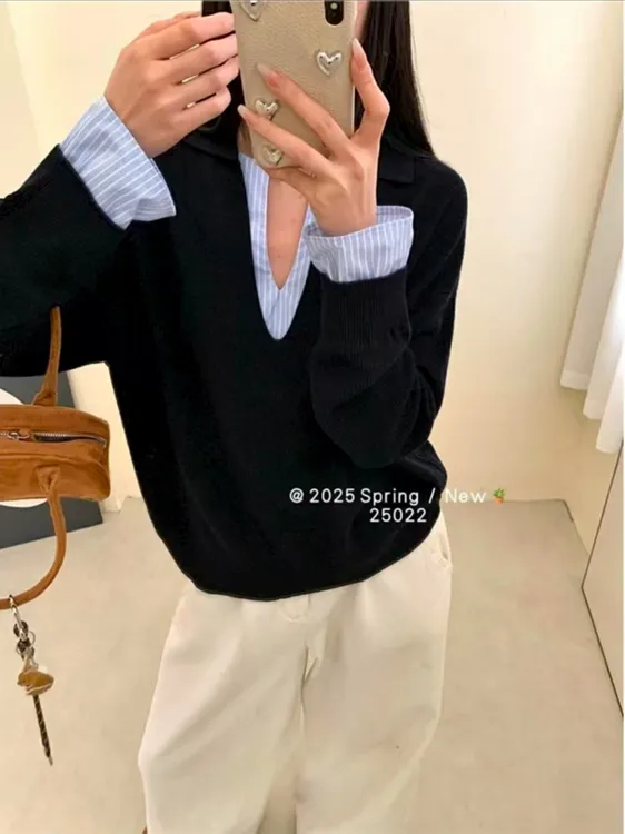 韩系条纹假两件拼接针织衫女装打底新款设计气质上衣显瘦减龄V领