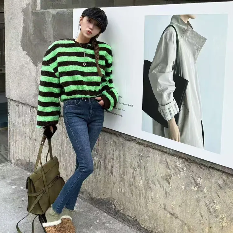 GOD正版财神家2025年冬季新款洋气条纹仿羊羔毛卫衣上衣女