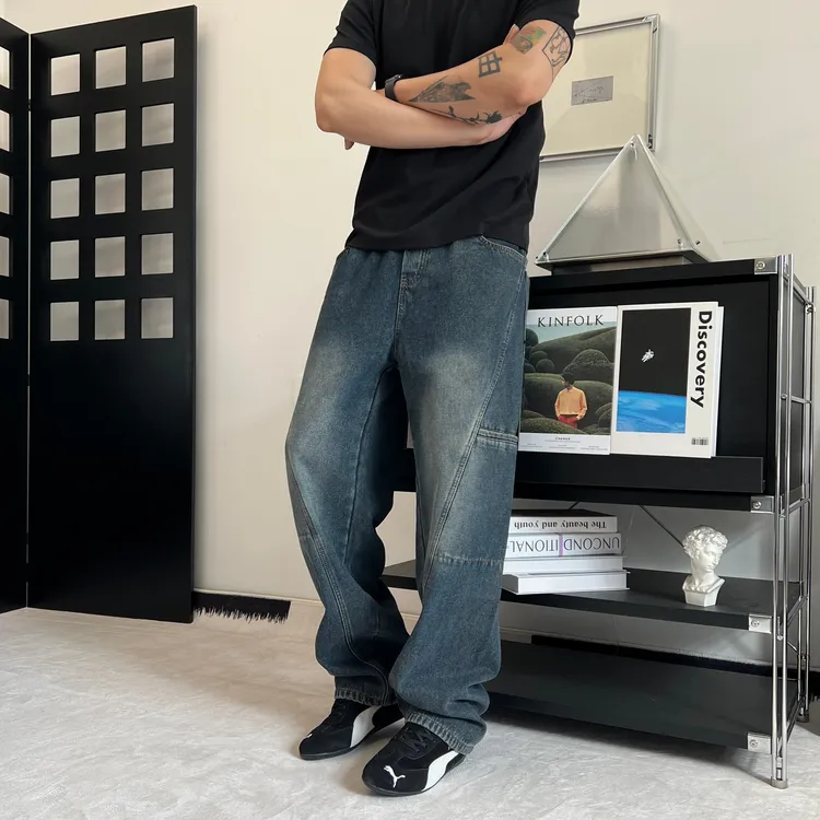 美式复古潮牌工装牛仔裤男2025秋冬新款宽松弯刀裤休闲直筒裤加绒