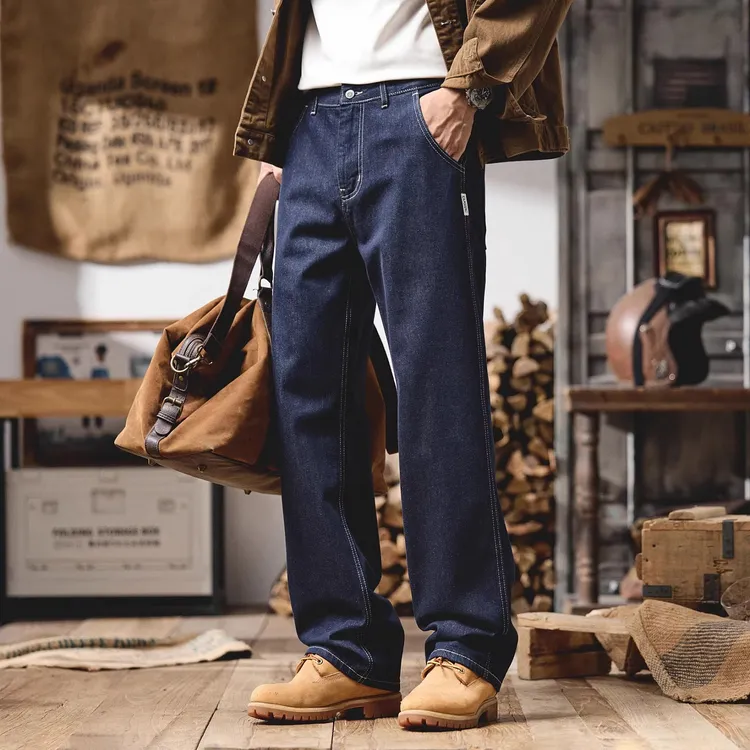 原色丹宁牛仔裤男秋冬加绒直筒裤宽松潮牌美式复古高端休闲裤子男