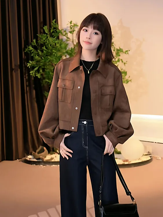 工装翻领短外套女春秋新款短款R小个子韩版宽松休闲显瘦夹克上衣