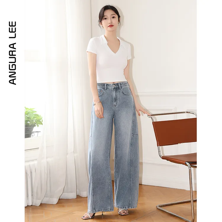 Angura Lee早秋陨石灰琥珀流光风弯刀裤垂感显瘦高腰阔腿牛仔裤