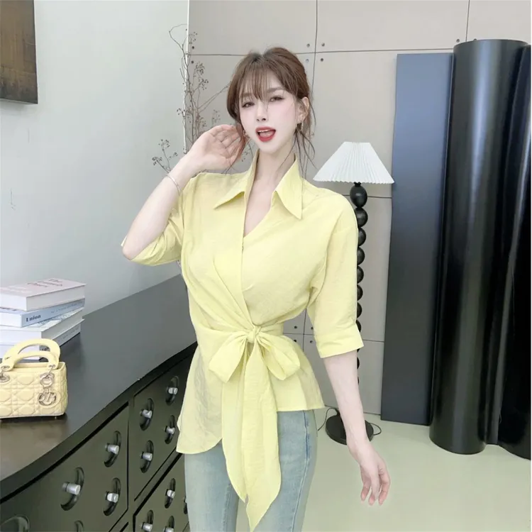 不规则侧扣中袖防晒2025夏装新款薄款洋气衬衣薄款上衣外搭女