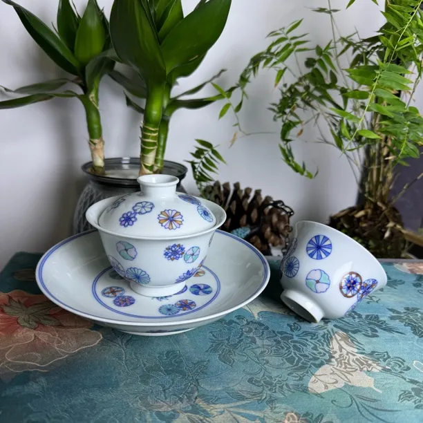 明逸堂斗彩皮球花全手工高温瓷二才盖碗茶具搭配壶承茶杯