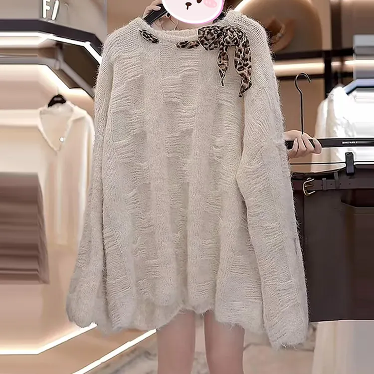 韩系新款设计感豹纹拼接针织衫女2025秋季新款宽松显瘦百搭上衣潮