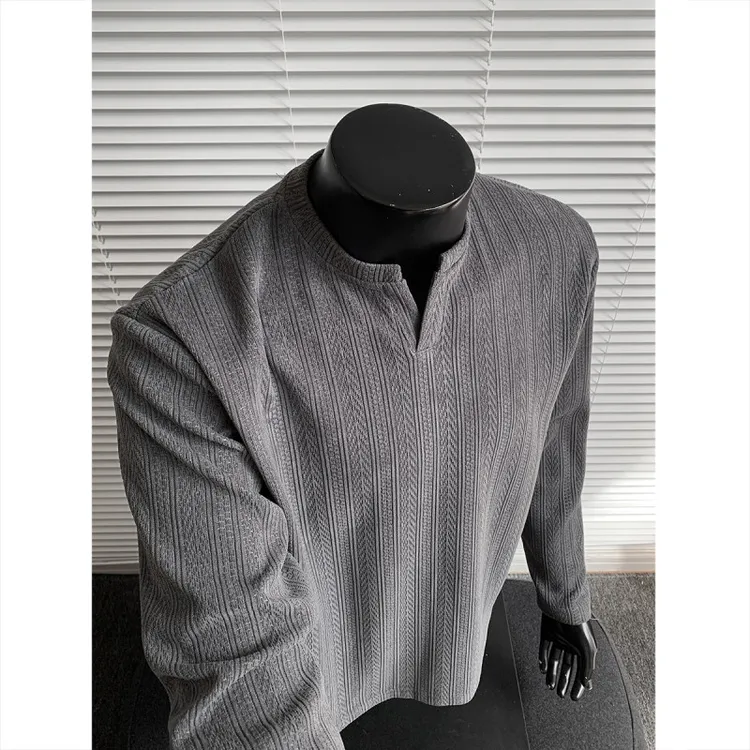 美式v领卫衣男秋冬季加绒麦穗条纹提花长袖t恤cleanfit正肩打底衫