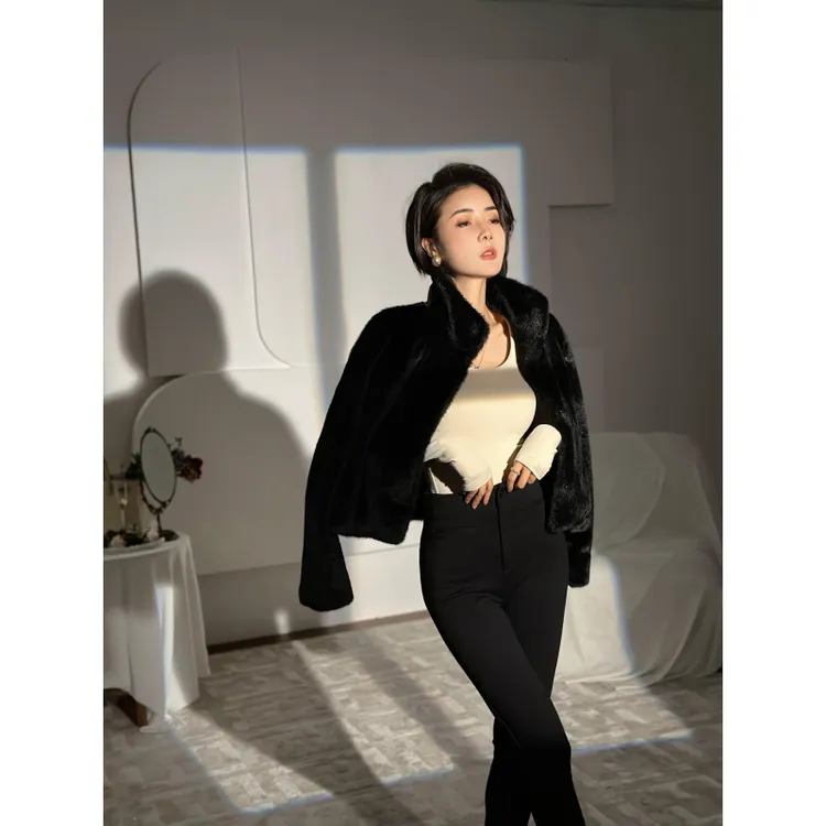 XULU原创宝嘉美黑水貂环保毛黑色高级感气质百搭立领长袖短外套