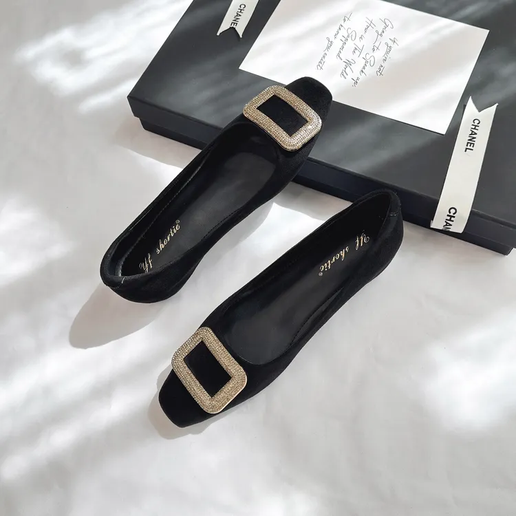 内增高低跟方头黑色ol水钻轻职风浅口气质软底单鞋绒面百搭平底鞋