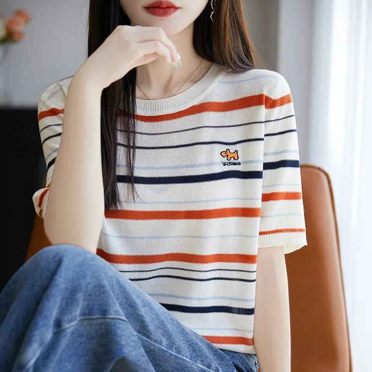 2025新款正品夏季条纹刺绣圆领短袖T恤洋气百搭时尚针织衫上衣