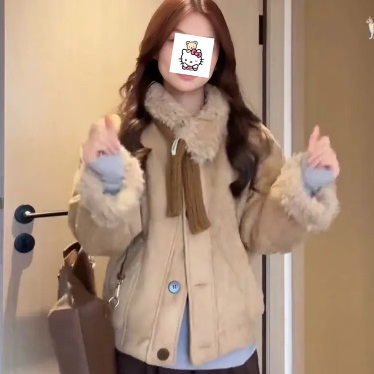 美拉德复古毛绒外套女秋冬季新款加绒保暖羊羔绒上衣