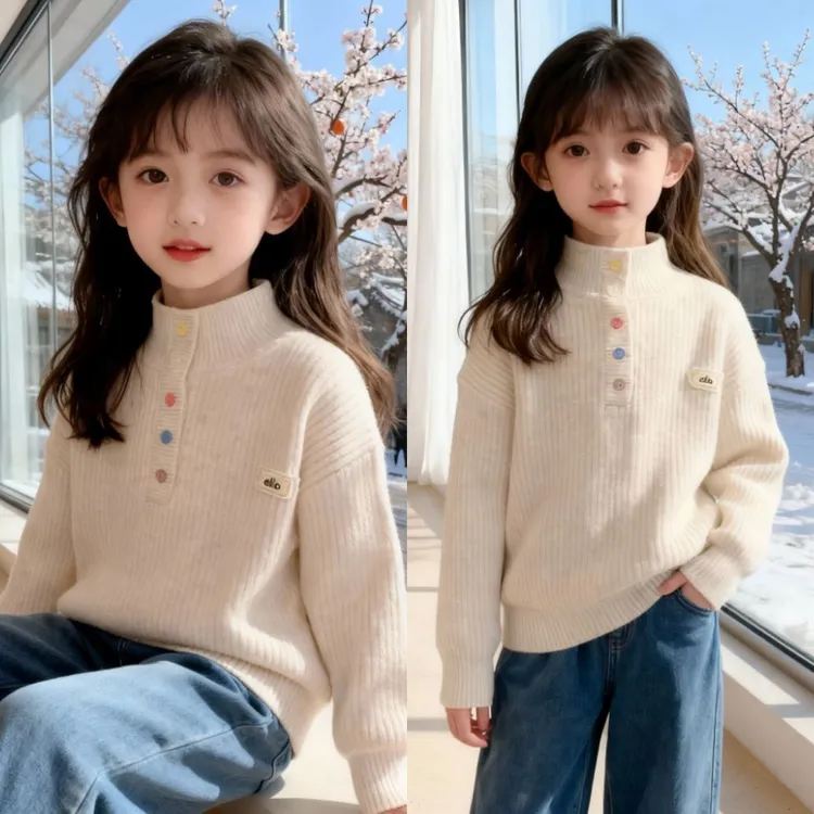 女童秋冬爆款加绒加厚毛衣中小童洋气百搭彩扣一体绒套头针织毛衣