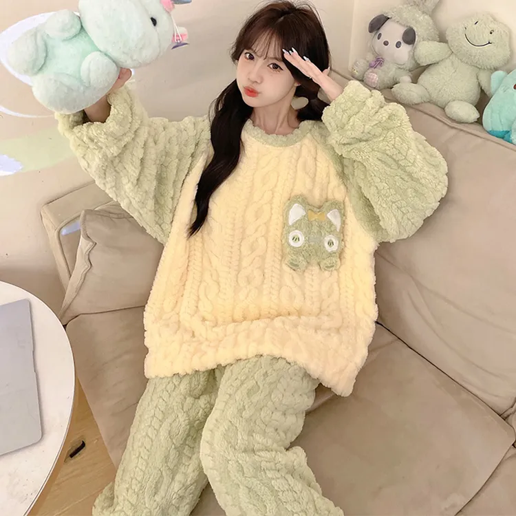 儿童睡衣女童秋冬季珊瑚绒亲子套装大童女孩法兰绒初中学生家居服