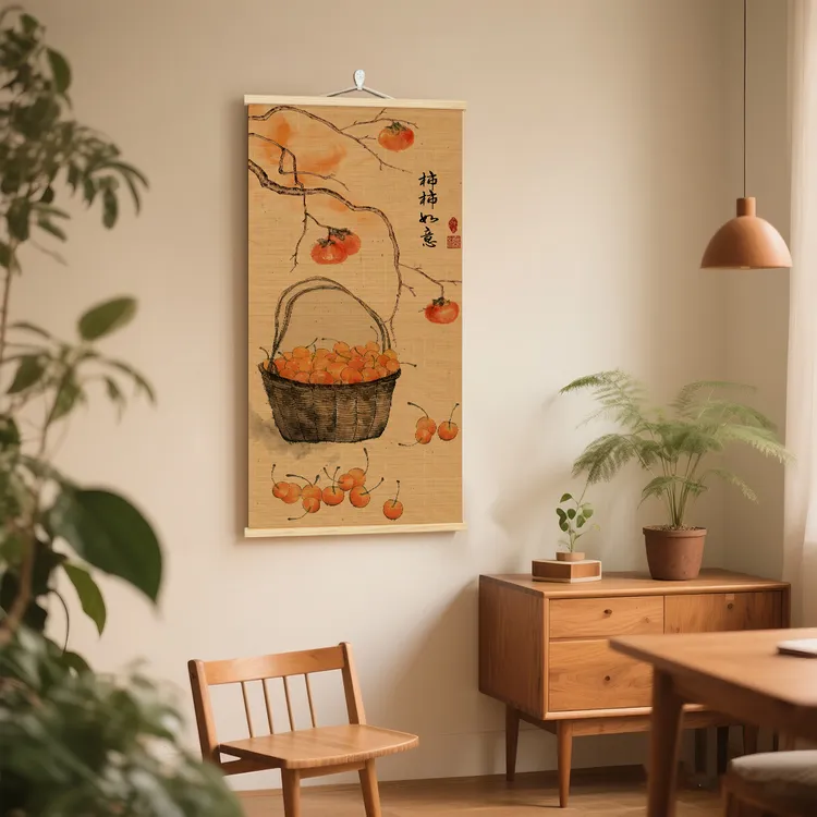 竹艺术装饰画柿子图电表箱画竹编挂画玄关客厅茶室书房餐厅背景墙