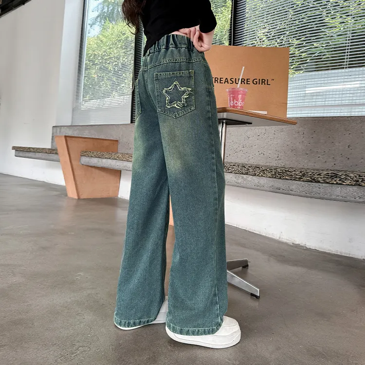 女童牛仔裤2025春秋新款洋气中大童学生直筒阔腿裤百搭外穿长裤