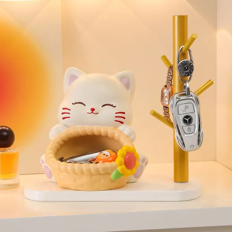 花篮招财猫摆件入户玄关钥匙收纳客厅家居装饰品招财猫入户门摆件