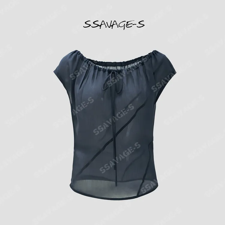 SSAVAGE“墨澜霏”天丝烟灰色肌理透视斜领慵懒显瘦上衣SS91298
