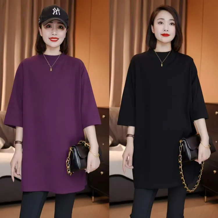 早秋新款 韩系时尚气质半高领中袖宽松T恤气质显瘦遮肉百搭上衣