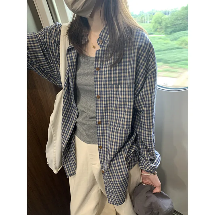 蓝色格子条纹长袖衬衫男早秋慵懒风宽松衬衣ovesize情侣休闲外套
