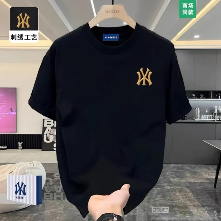 夏季纯棉短袖t恤男潮牌刺绣纯色百搭宽松大码圆领男士潮款T恤上衣